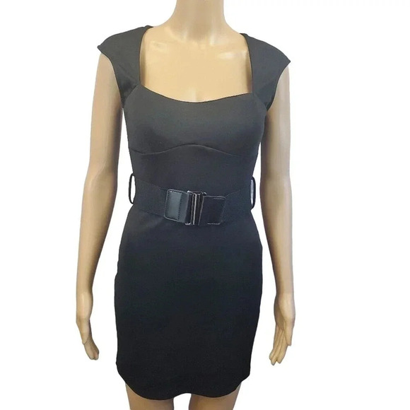 Janice Brand Size M Little Black Dress Peekaboo Back BodyCon with Chunky Belt - Picture 1 of 12